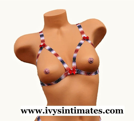 American Flag Cupless Lingerie Bra Cutout Chest Harness