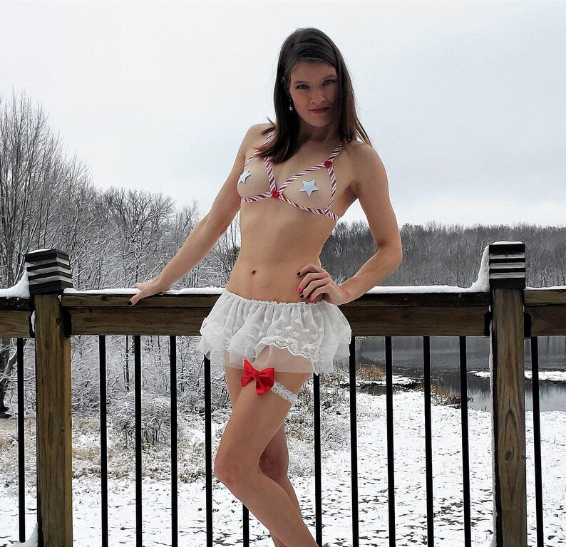 Christmas Lingerie Bra, Holiday Cupless Bra, Candy Cane Sparkle Lingerie