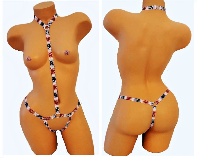 Cutout American Flag Harness Body Suit Lingerie