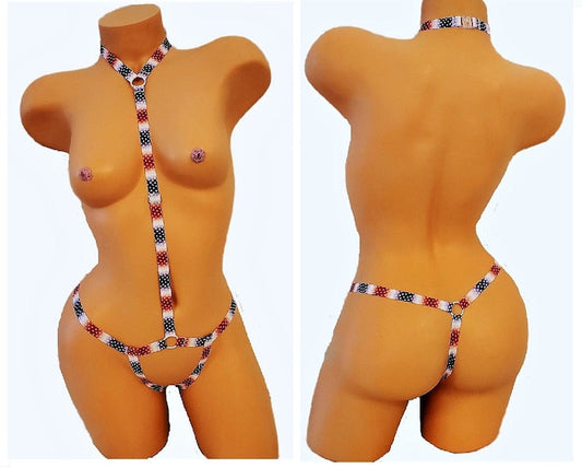 Cutout American Flag Harness Body Suit Lingerie