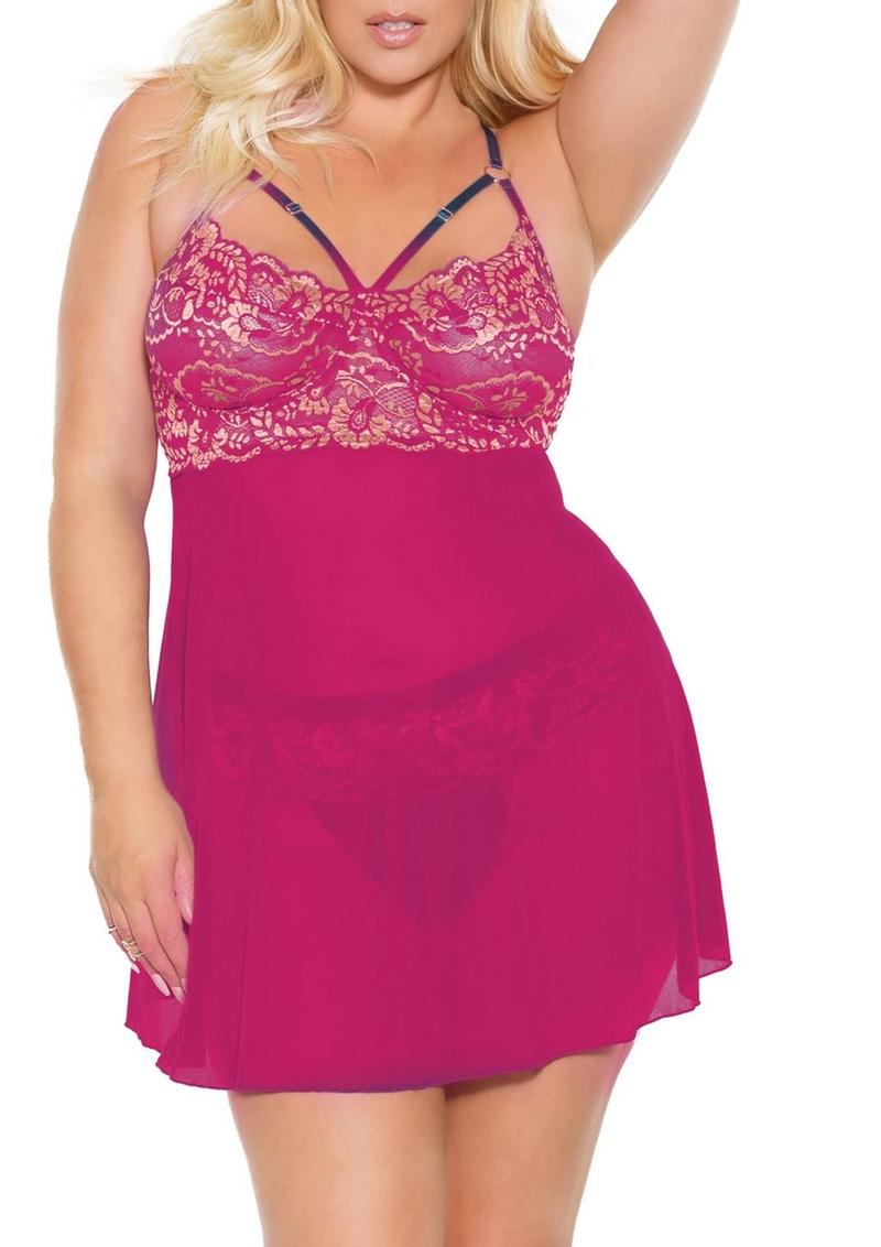 Pink Pussycat Babydoll And Thong Set With Gold Lingerie