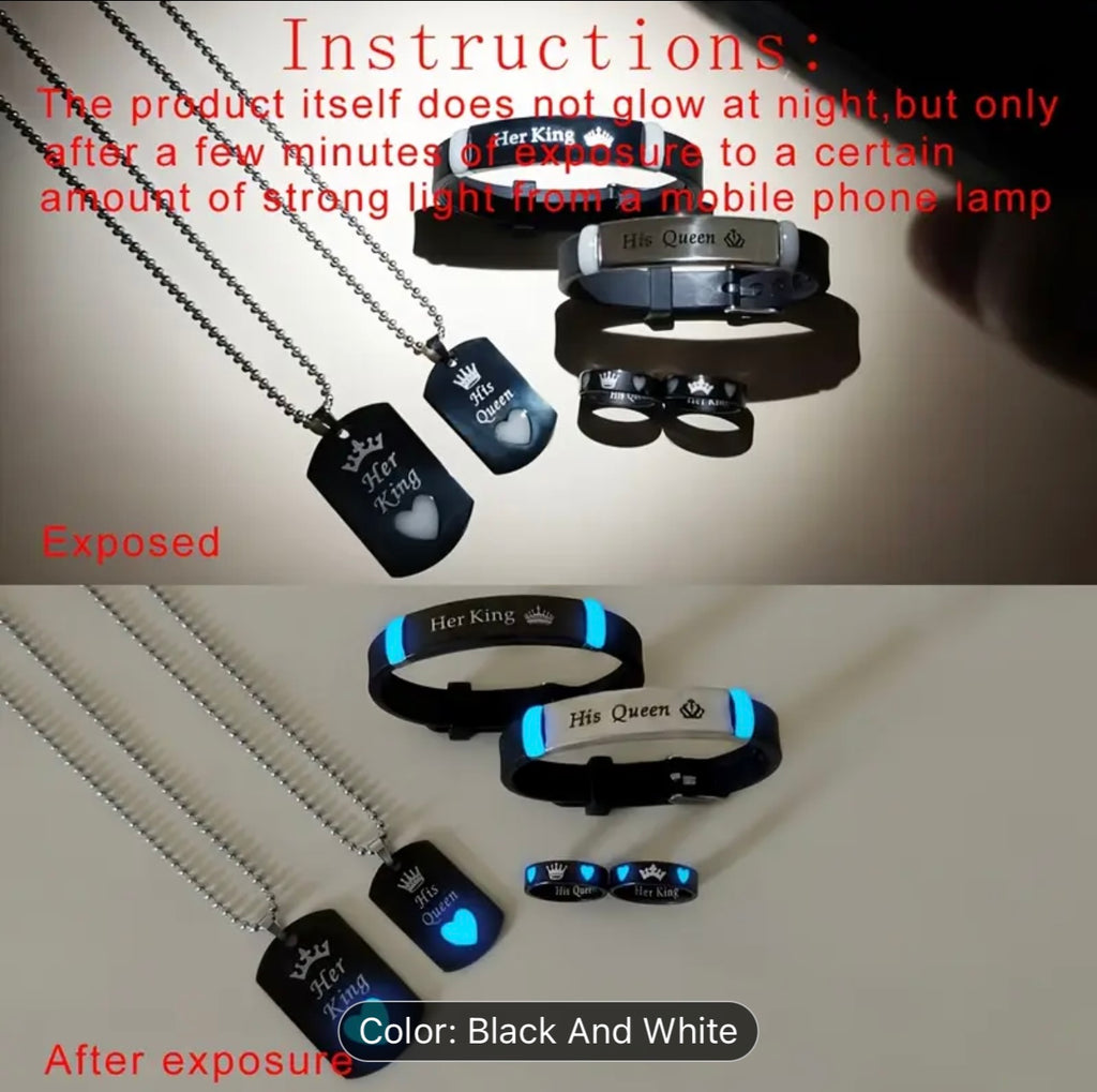 6pcs Set Glow-in-the-Dark Heart Crown "Her King His Queen" Stainless Steel Couple Necklace Bracelet Ring Set