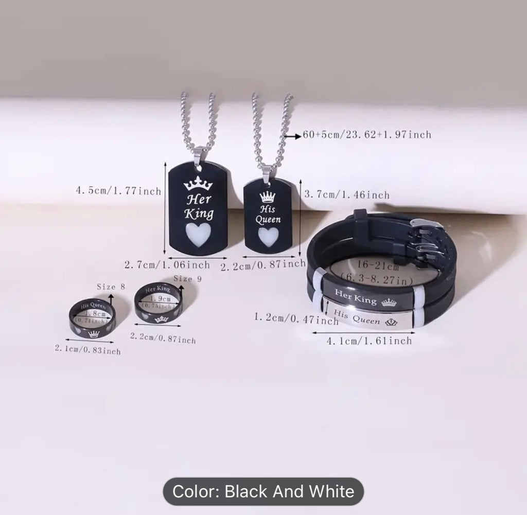 6pcs Set Glow-in-the-Dark Heart Crown "Her King His Queen" Stainless Steel Couple Necklace Bracelet Ring Set