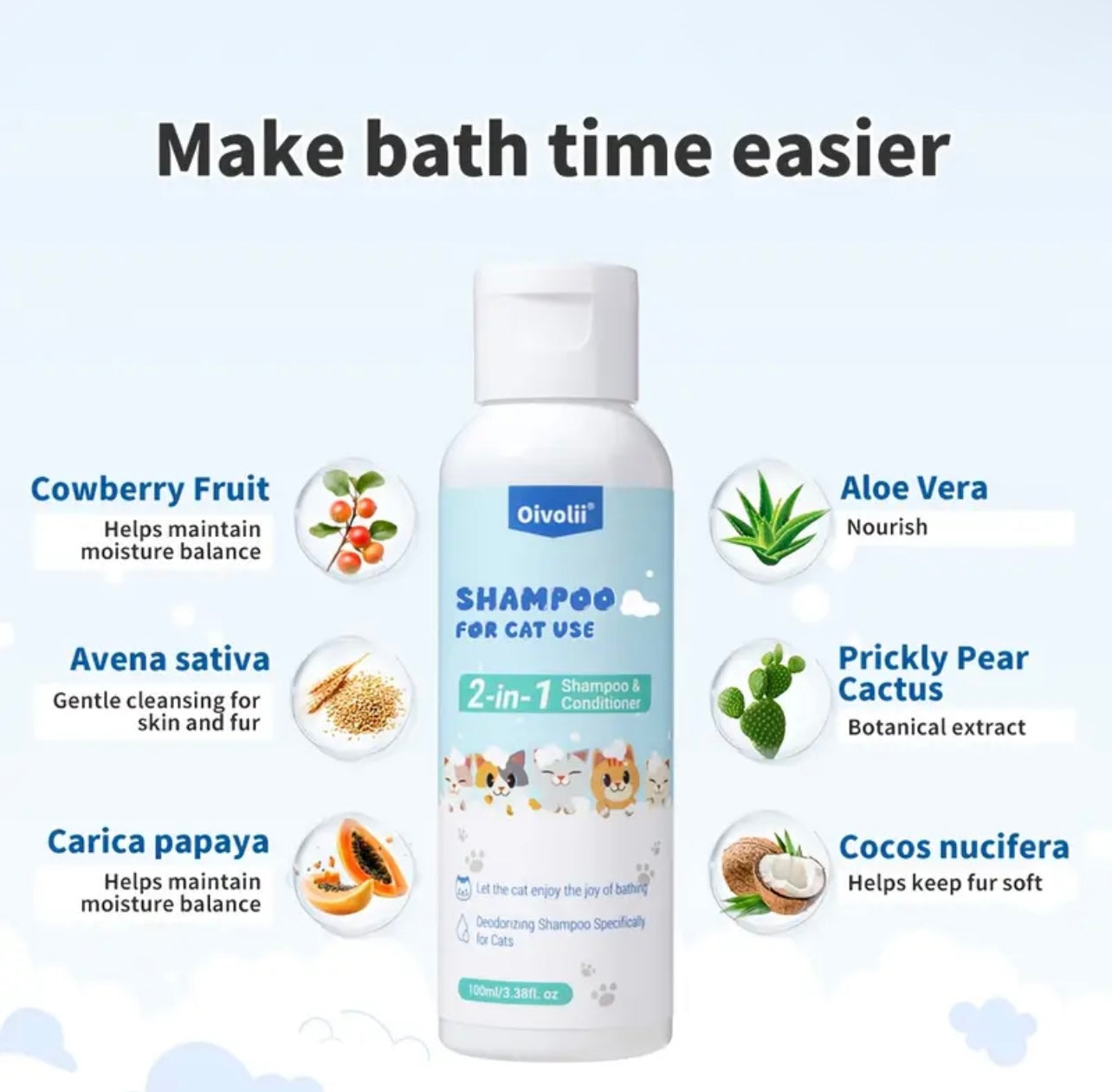 Cat Shower Gel, specially designed for cats, with various plant extracts for deep cleansing and a light fragrance