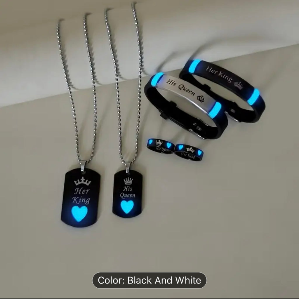 6pcs Set Glow-in-the-Dark Heart Crown "Her King His Queen" Stainless Steel Couple Necklace Bracelet Ring Set