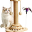 Cat Scratching Post, 4 in 1 Wooden Cat Scratcher Toy, 17.7" Tall Scratch Post with 2 Level Cat Track Balls, Interactive Feather Toy and 2 Sisal Hanging Balls for Indoor Kittens, Adult Cats