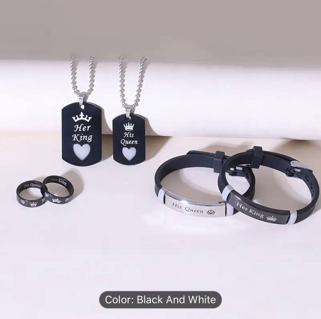 6pcs Set Glow-in-the-Dark Heart Crown "Her King His Queen" Stainless Steel Couple Necklace Bracelet Ring Set