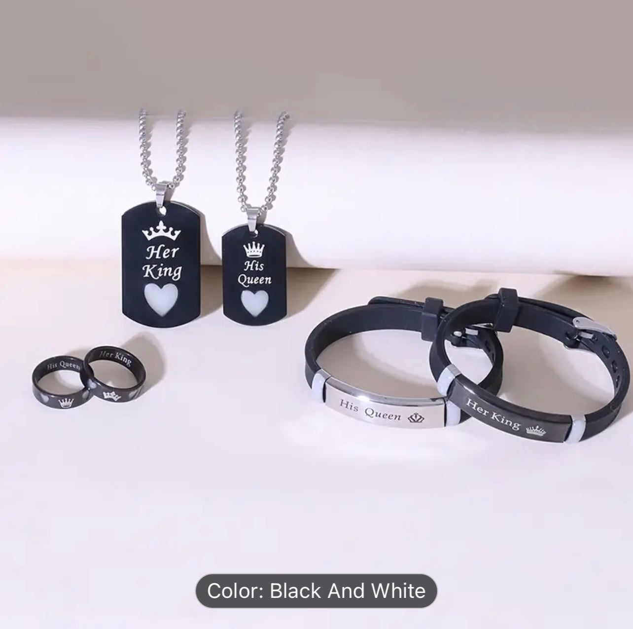 6pcs Set Glow-in-the-Dark Heart Crown "Her King His Queen" Stainless Steel Couple Necklace Bracelet Ring Set