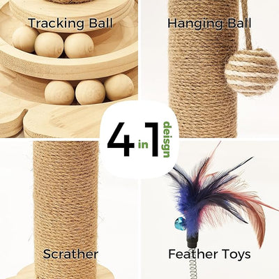 Cat Scratching Post, Cat Scratcher Toy for Indoor Cats, 17.3" Tall Scratch Post with 2-Layer Ball Tracks, Interactive Feather Toy and Sisal Hanging Ball, Banana Tree Cat Tower for Kittens