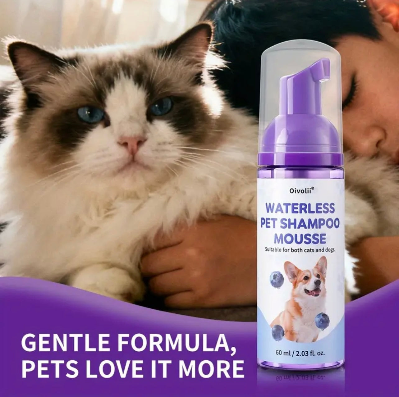 Pet-Friendly No-Rinse Animal Shampoo, 3-Minute No-Rinse Blueberry Pet Shampoo