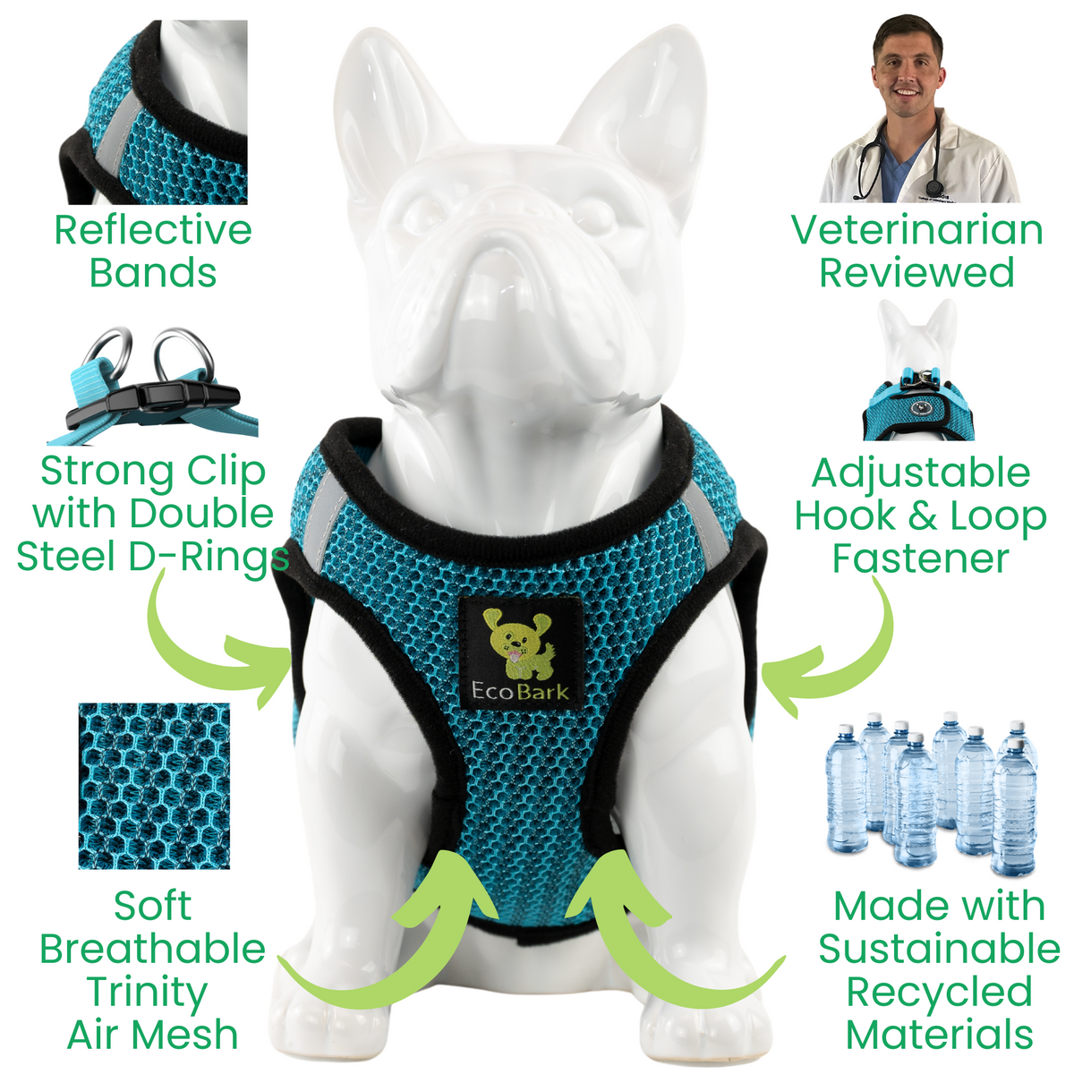 EcoBark Step In Dog Harness - XXXS to Small Breeds- Reflective Soft Mesh Harness for Teacup, Small Dogs and Puppies / Aqua Sport