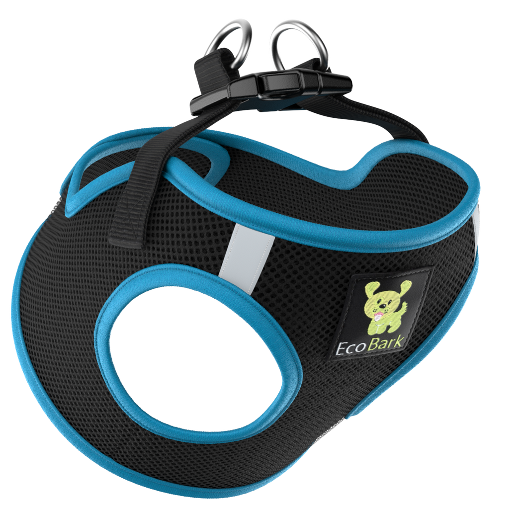 EcoBark Step In Dog Harness - XXXS to Small Breeds- Reflective Soft Mesh Harness for Teacup, Small Dogs and Puppies / Black w/ Teal Piping