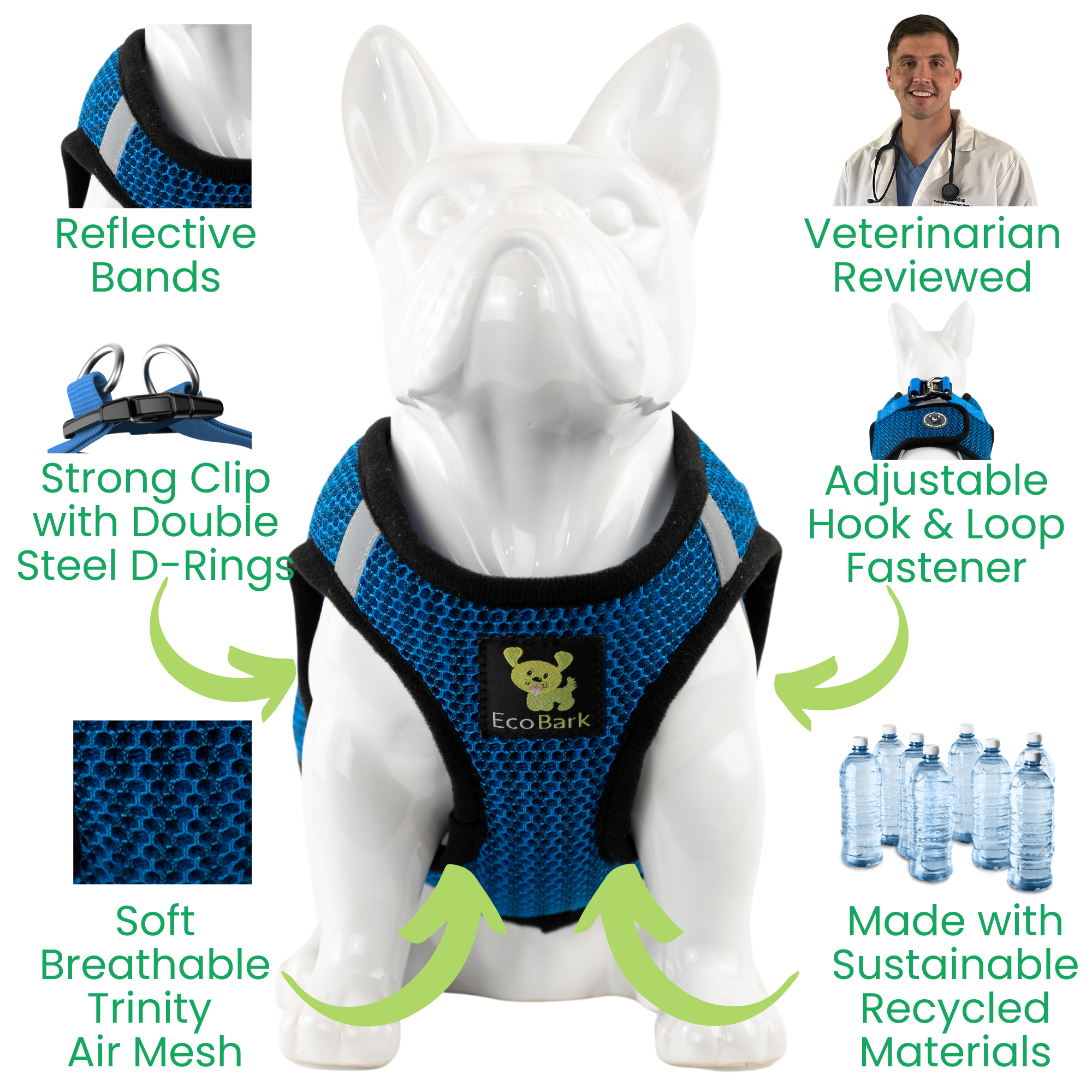 EcoBark Step In Dog Harness - XXXS to Small Breeds- Reflective Soft Mesh Harness for Teacup, Small Dogs and Puppies / Bright Blue Sport