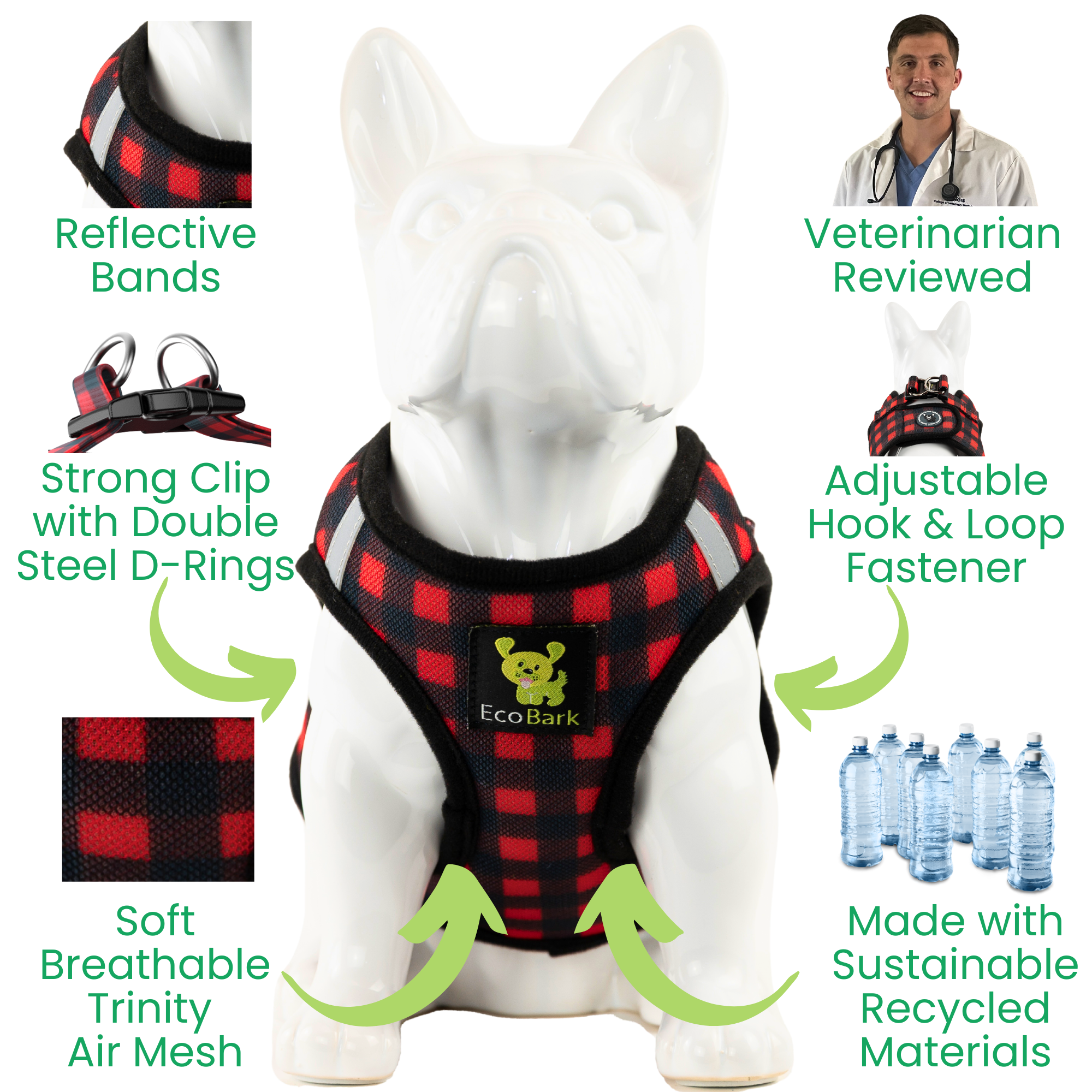 EcoBark Step In Dog Harness - XXXS to Small Breeds- Reflective Soft Mesh Harness for Teacup, Small Dogs and Puppies / Buffalo Plaid
