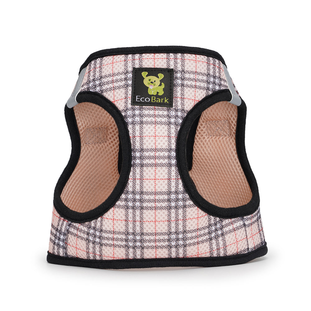 EcoBark Step In Dog Harness - XXXS to Small Breeds- Reflective Soft Mesh Harness for Teacup, Small Dogs and Puppies / Beige Plaid