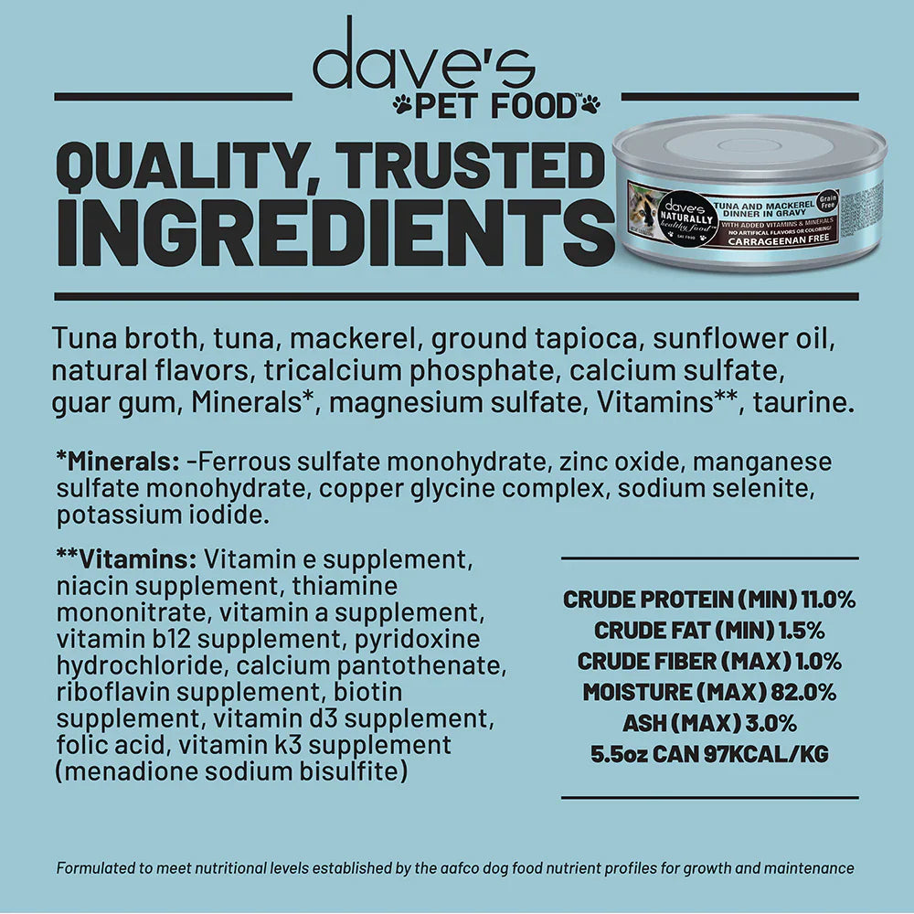 Dave's Naturally Healthy Grain Free Grilled Tuna & Mackerel Dinner In Gravy Wet Cat Food (5.5oz)