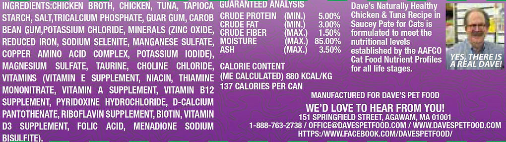 Dave's Naturally Healthy Grain Free Chicken & Tuna Recipe in Saucey Paté Wet Cat Food (5.5oz)