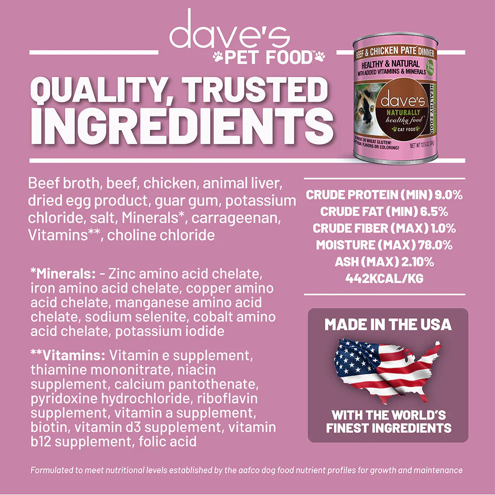 Dave's Naturally Healthy Beef & Chicken Dinner Paté Wet Cat Food (12.5oz)