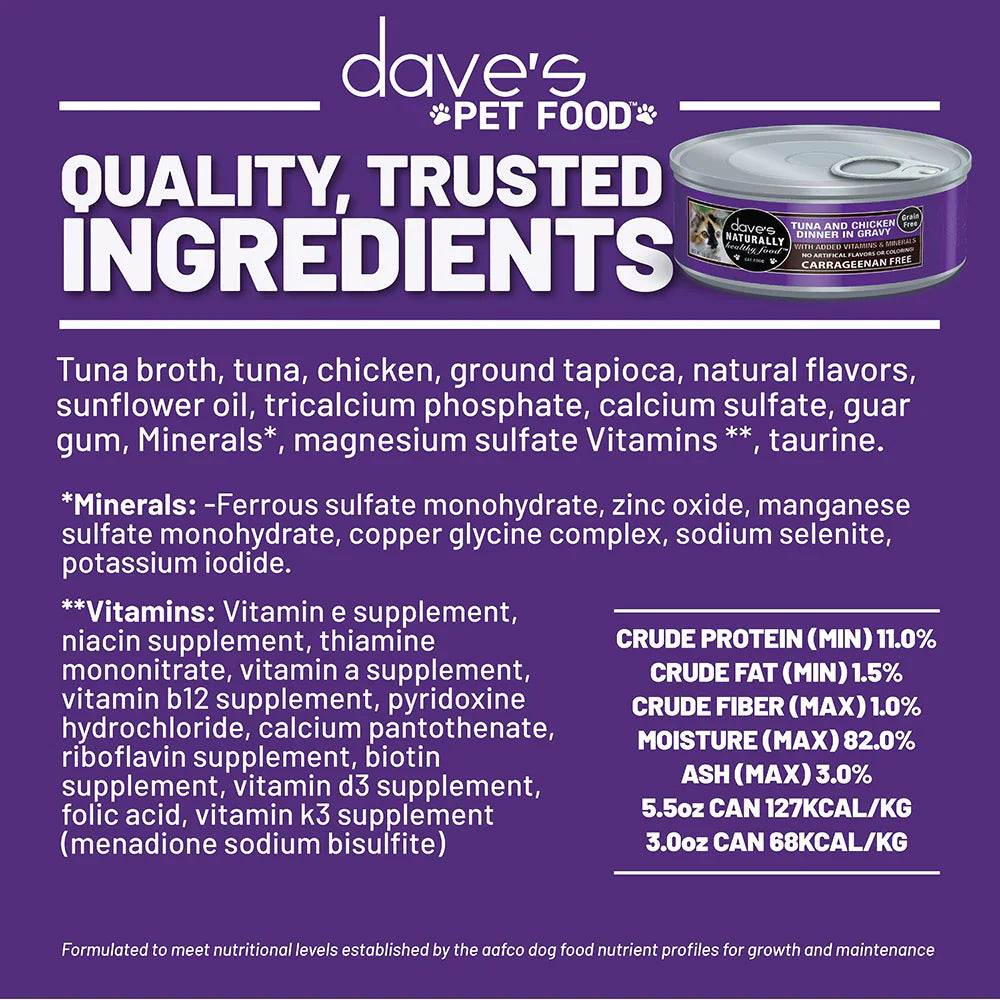 Dave's Naturally Healthy Grain Free Tuna & Chicken Dinner in Gravy Wet Cat Food (5.5oz)