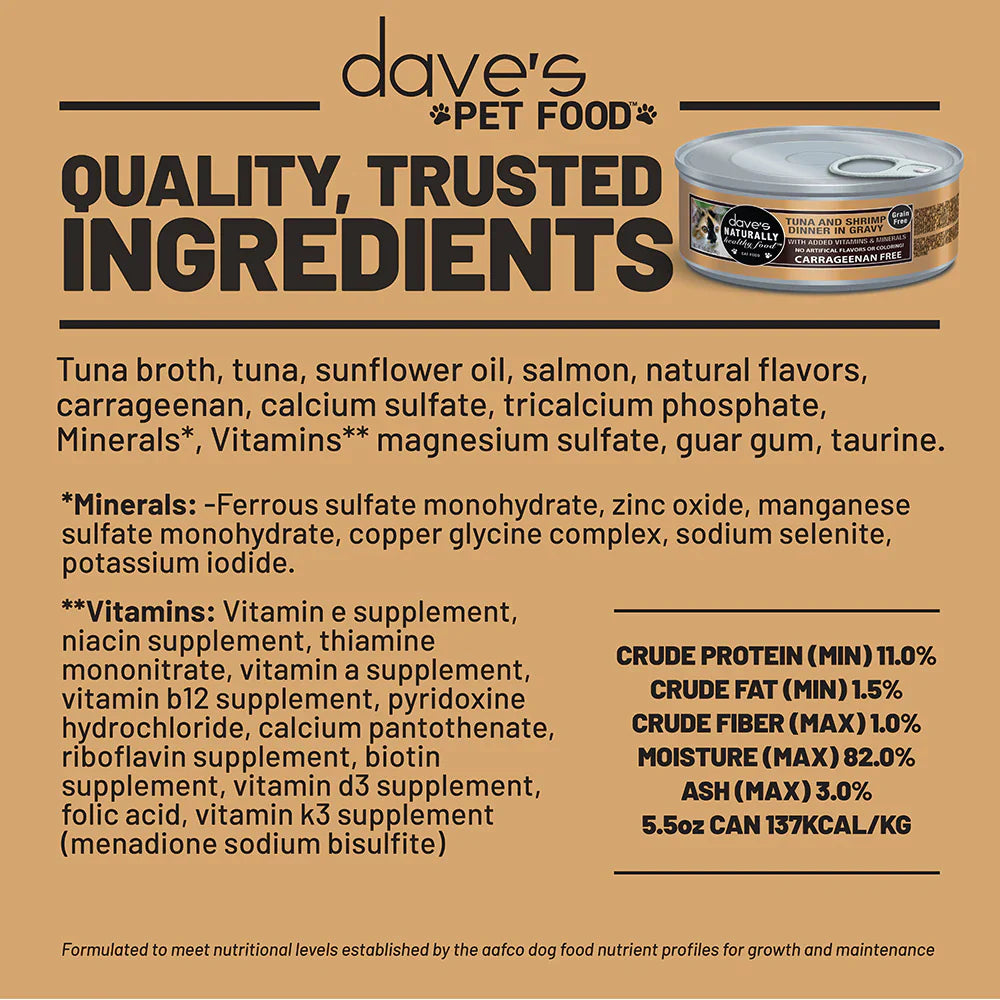 Dave's Naturally Healthy Grain Free Tuna & Shrimp Dinner in Gravy Wet Cate Food (5.5oz)