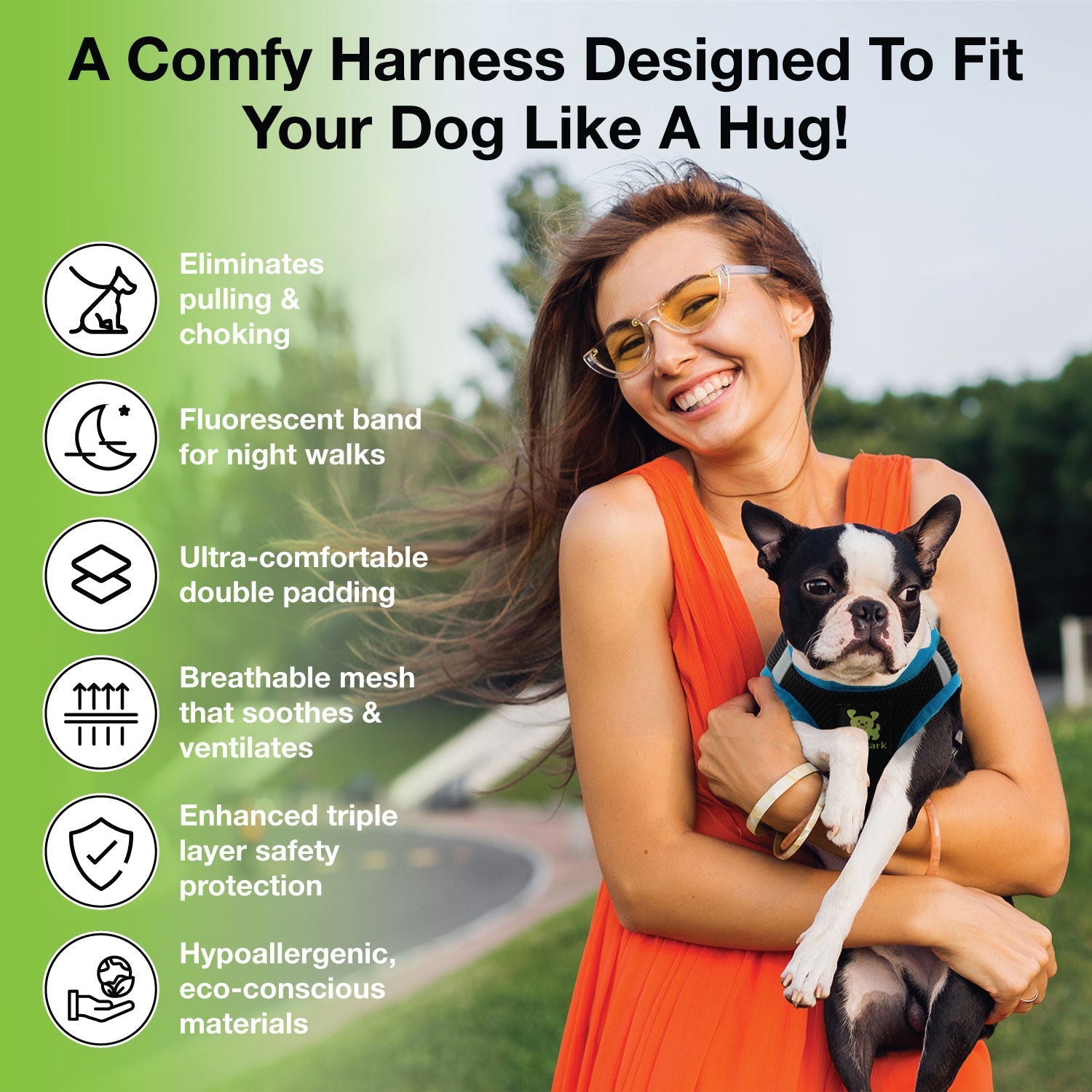 EcoBark Step In Dog Harness - XXXS to Small Breeds- Reflective Soft Mesh Harness for Teacup, Small Dogs and Puppies / Black w/ Teal Piping