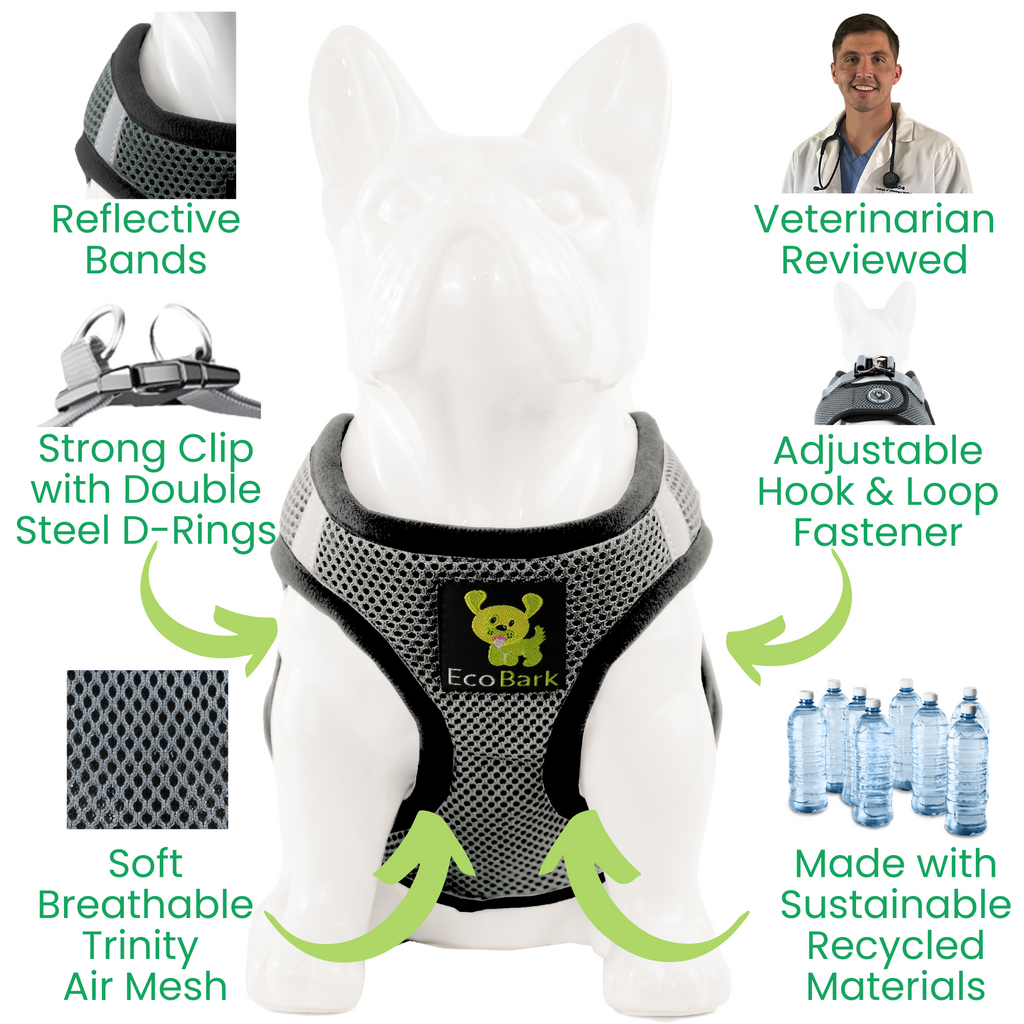 EcoBark Step In Dog Harness - XXXS to Small Breeds- Reflective Soft Mesh Harness for Teacup, Small Dogs and Puppies / Gray