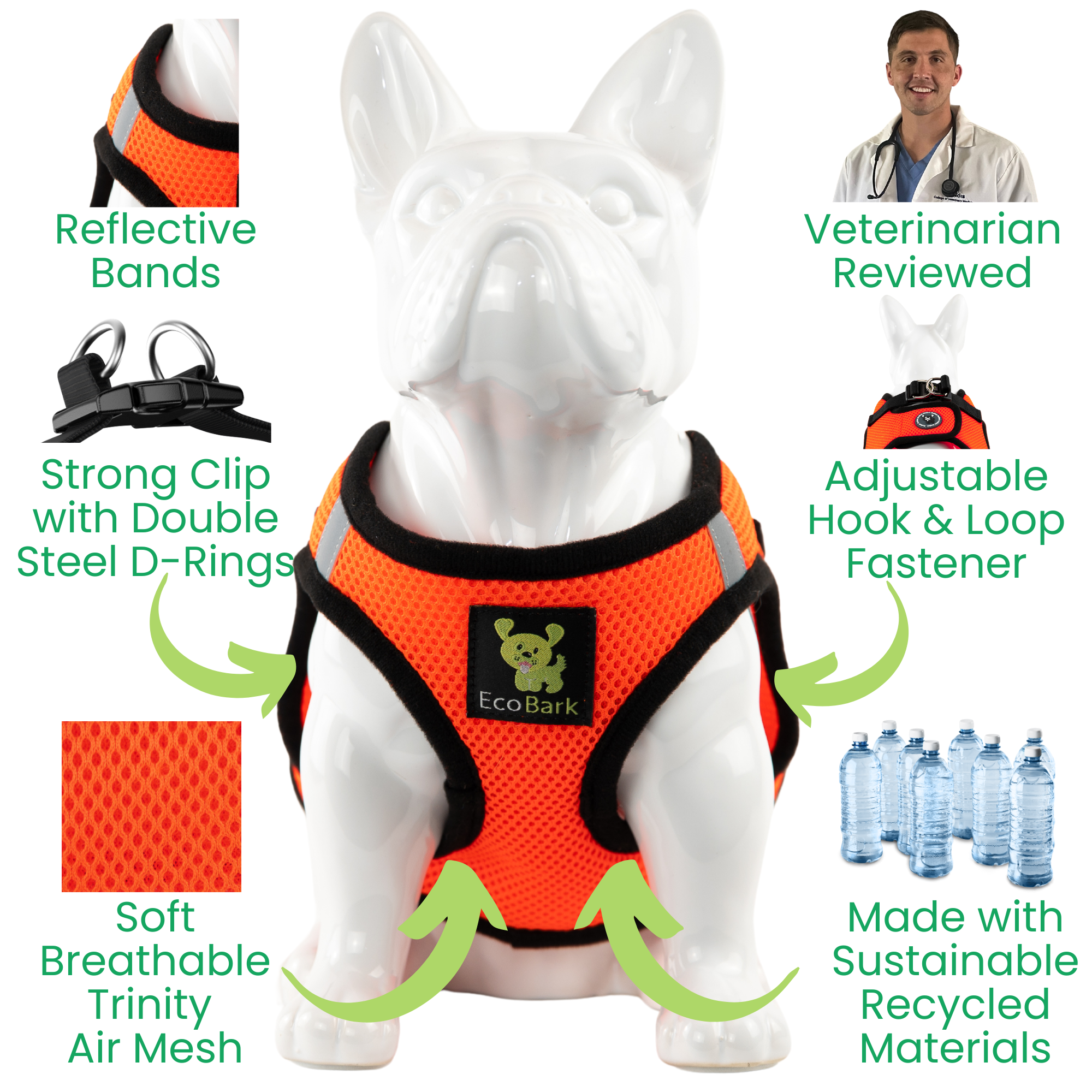 EcoBark Step In Dog Harness - XXXS to Small Breeds- Reflective Soft Mesh Harness for Teacup, Small Dogs and Puppies / Orange