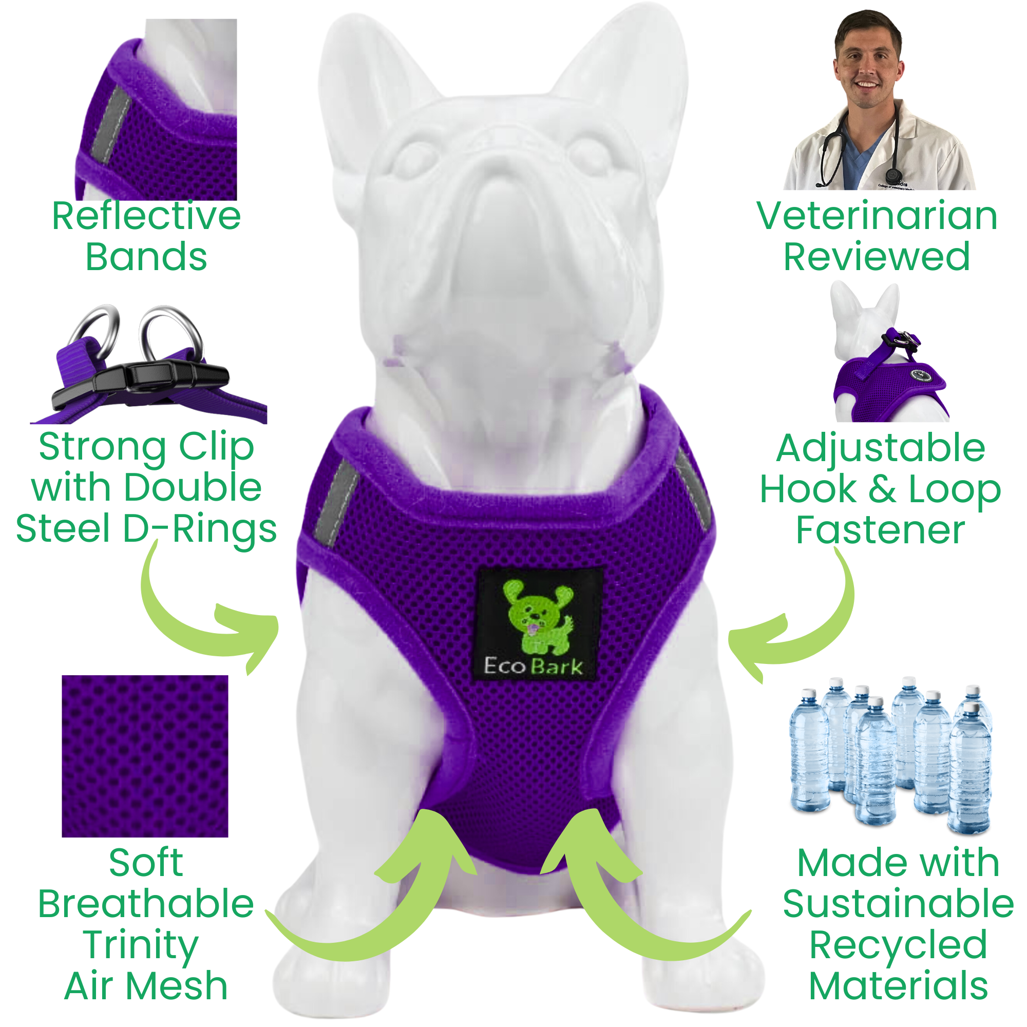 EcoBark Step In Dog Harness - XXXS to Small Breeds- Reflective Soft Mesh Harness for Teacup, Small Dogs and Puppies / Purple