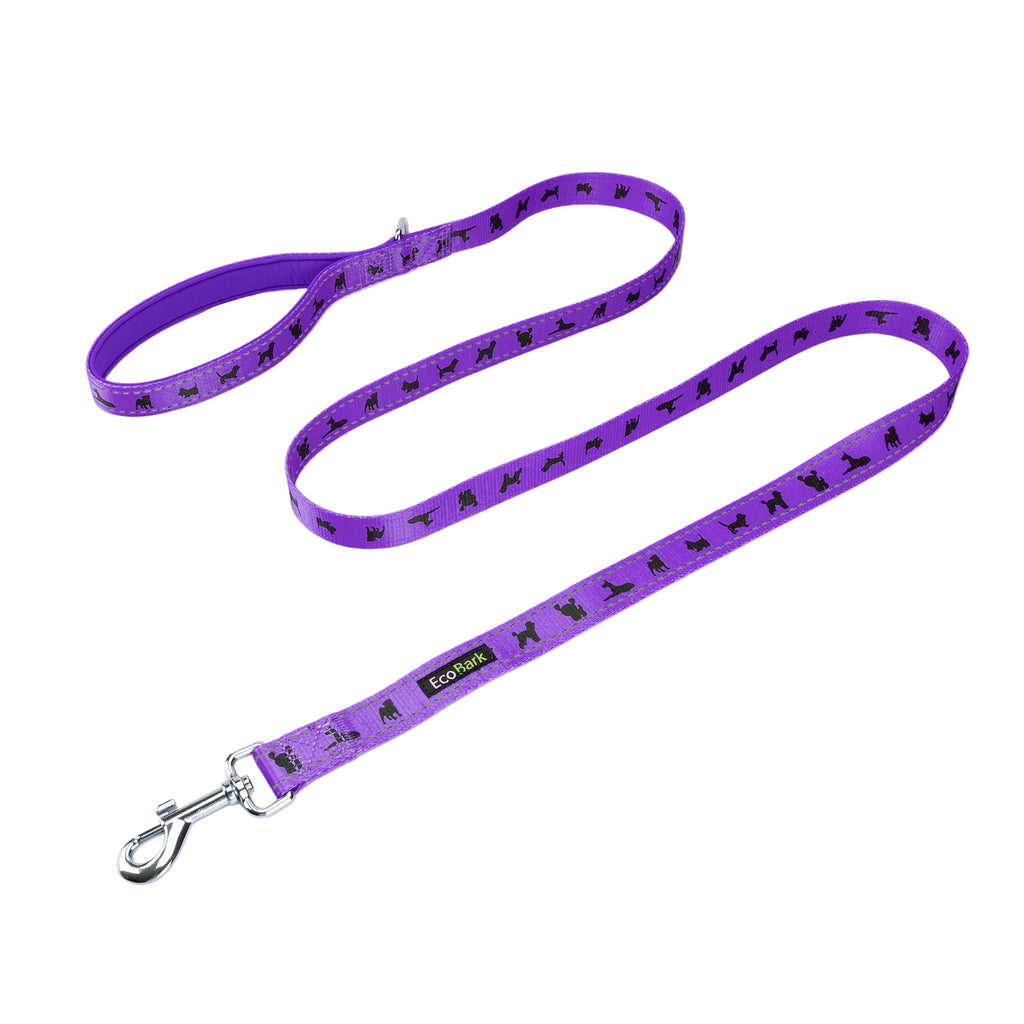 EcoBark Purple Dog Leash- Padded Comfort Grip Leash Dog Pattern - 4ft, 5ft, and 6ft  for XS, Small, and Medium Dogs