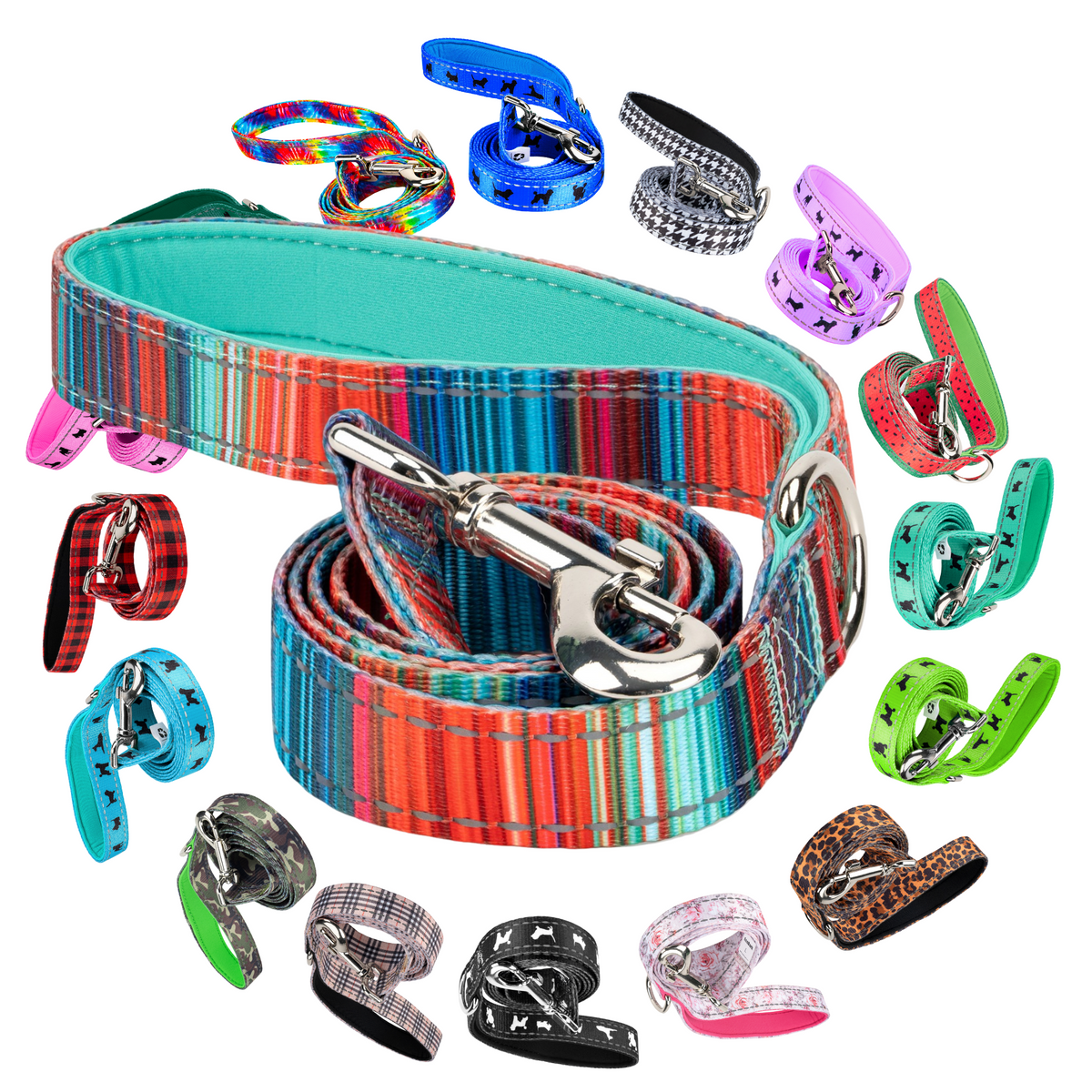 Stripe Dog Leash by EcoBark - Multicolor Padded Comfort Grip Leash - 4ft, 5ft, and 6ft Leash for Small and Medium Dogs