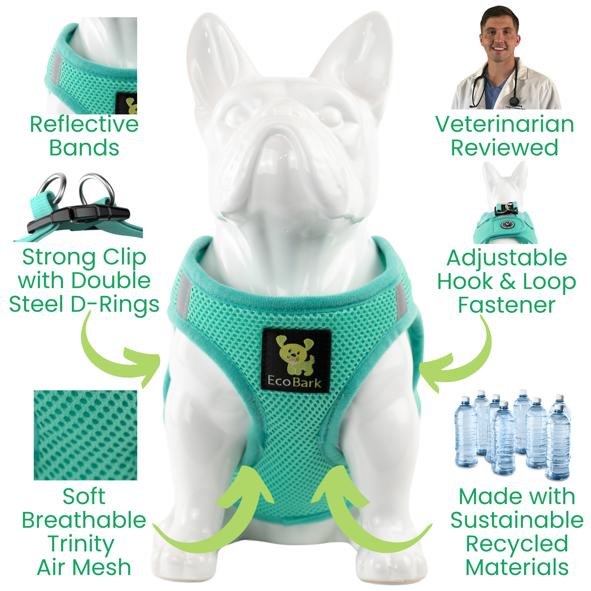 EcoBark Step In Dog Harness - XXXS to Small Breeds- Reflective Soft Mesh Harness for Teacup, Small Dogs and Puppies / Mint Turquoise