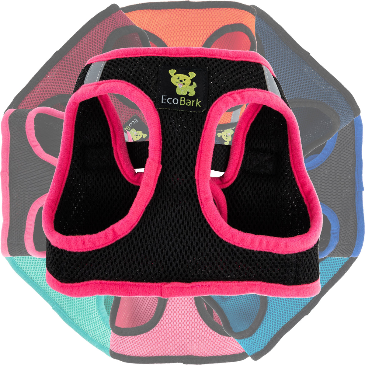 EcoBark Step In Dog Harness - XXXS to Small Breeds- Reflective Soft Mesh Harness for Teacup, Small Dogs and Puppies / Black w/ Pink Piping