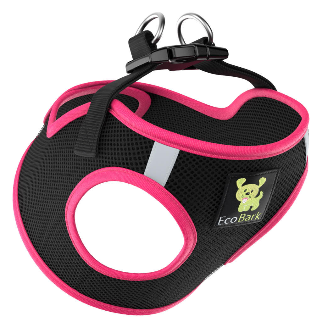 EcoBark Step In Dog Harness - XXXS to Small Breeds- Reflective Soft Mesh Harness for Teacup, Small Dogs and Puppies / Black w/ Pink Piping