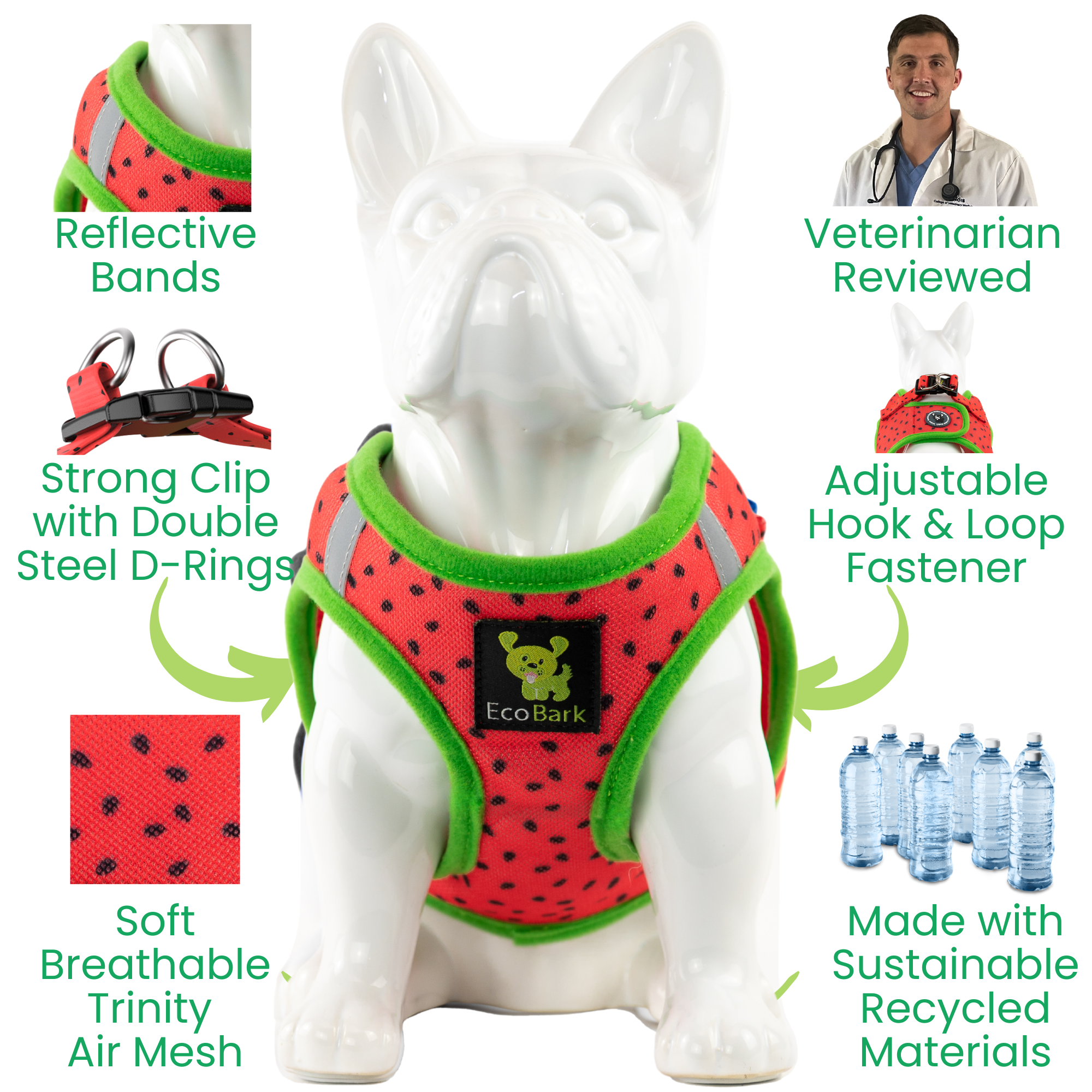 EcoBark Step In Dog Harness - XXXS to Small Breeds- Reflective Soft Mesh Harness for Teacup, Small Dogs and Puppies / Watermelon