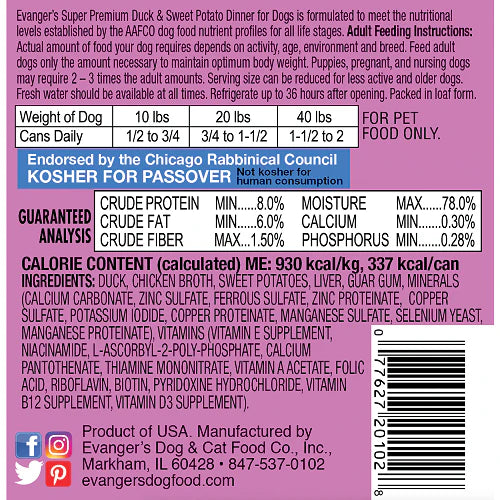Evanger's Super Premium All Life Stages Duck & Sweet Potato, Limited Ingredient Wet Dog Can (12.5oz)