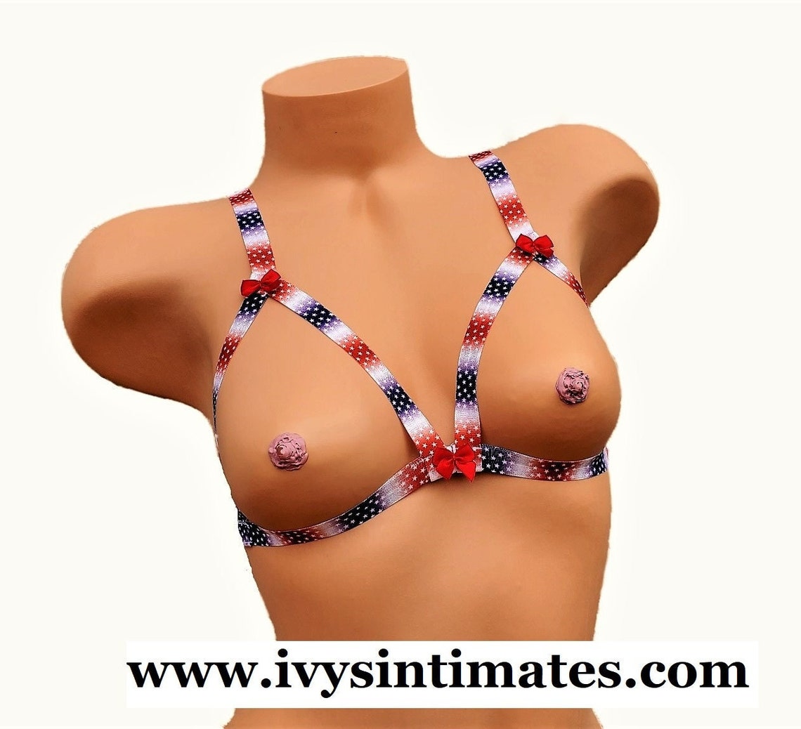 American Flag Cupless Lingerie Bra Cutout Chest Harness