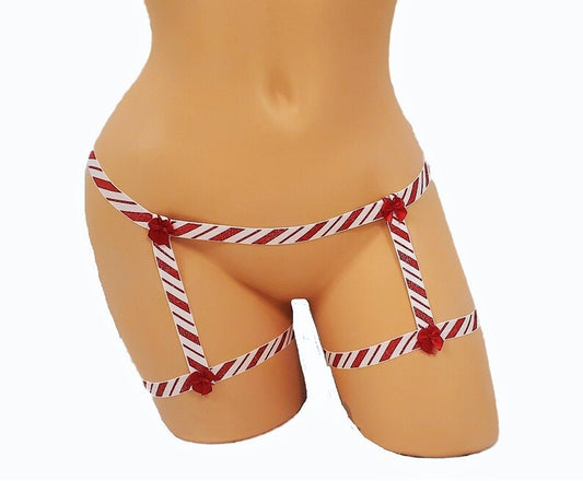 Candy Cane Christmas Cage Leg Garter Belt Holiday Lingerie
