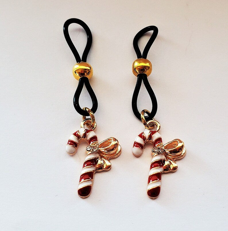 Dainty Candy Cane Nipple Ring, Christmas Nipple Jewelry