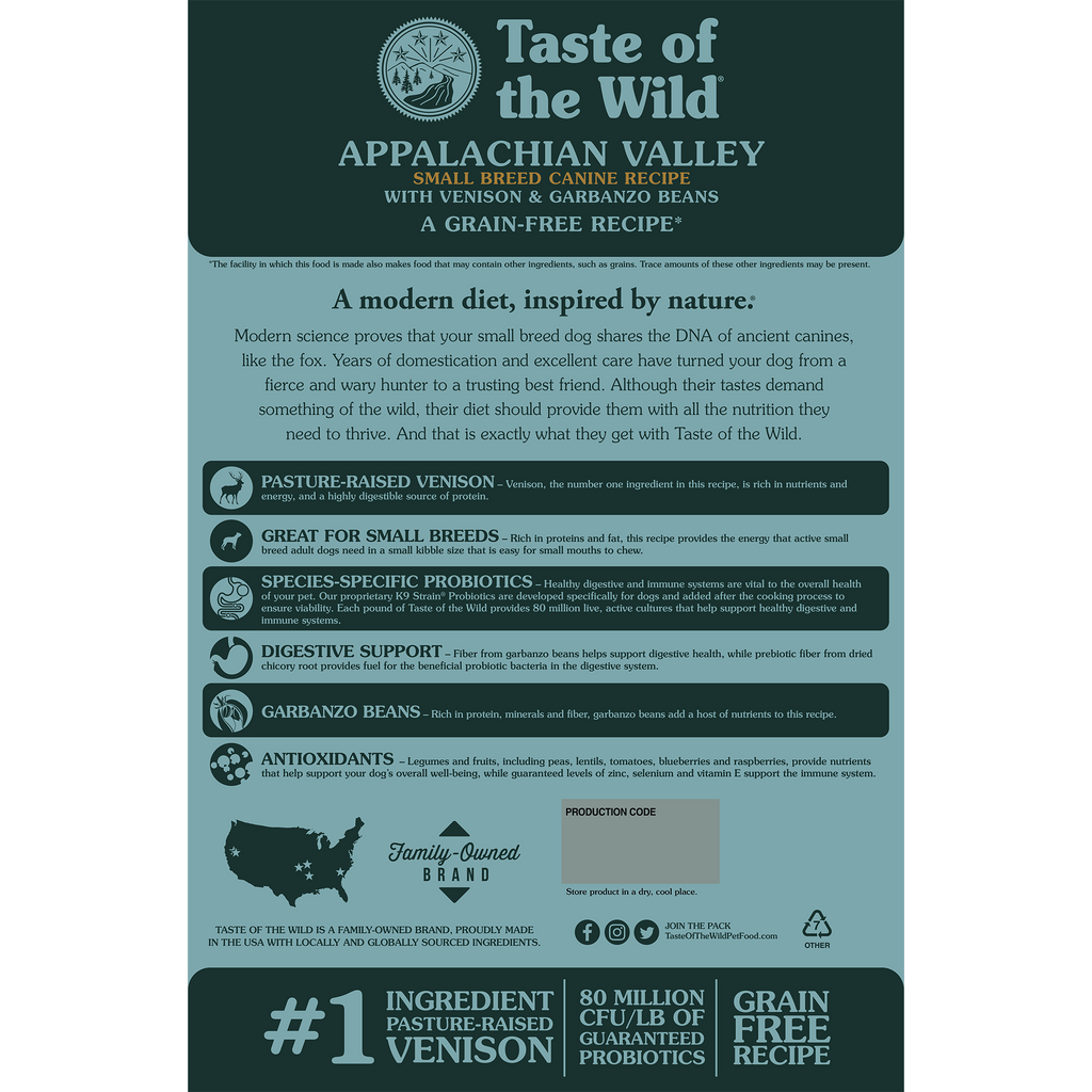 Taste of the Wild Adult Appalachian Venison and Garbanzo Beans Small Breed Canine Food