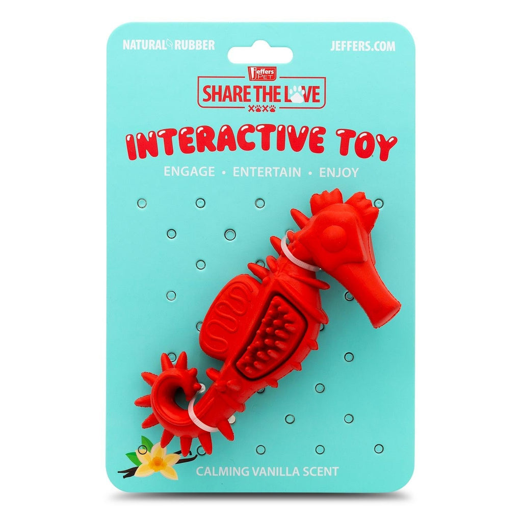Red Seahorse Natural Rubber Dog Chew Toy with Vanilla Scent and Textured Ridges for Dental Health