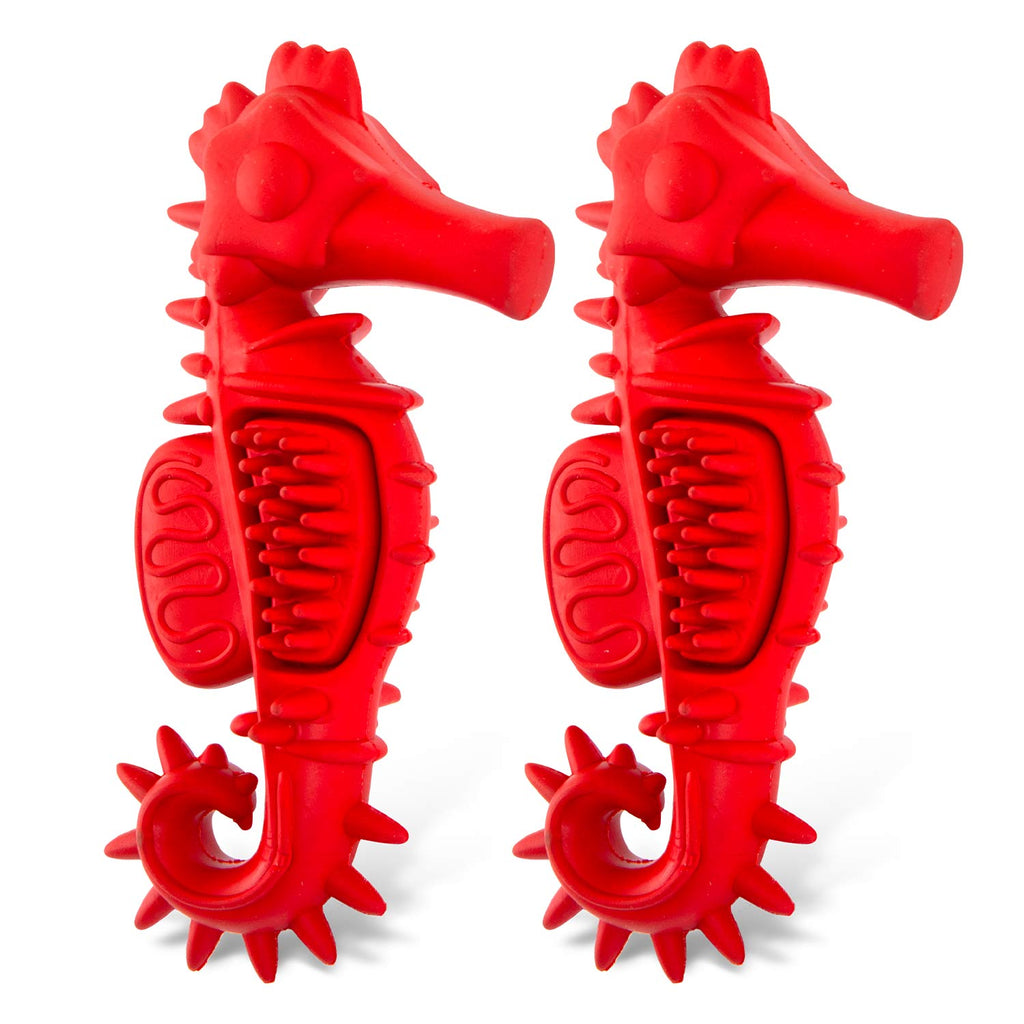 Red Seahorse Natural Rubber Dog Chew Toy with Vanilla Scent and Textured Ridges for Dental Health