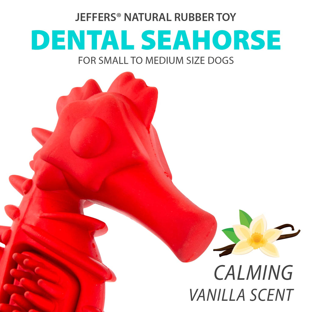 Red Seahorse Natural Rubber Dog Chew Toy with Vanilla Scent and Textured Ridges for Dental Health