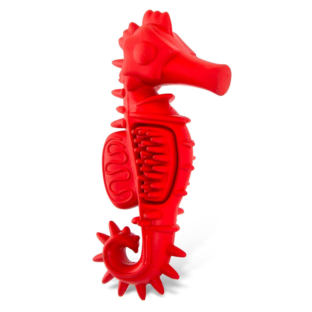 Red Seahorse Natural Rubber Dog Chew Toy with Vanilla Scent and Textured Ridges for Dental Health