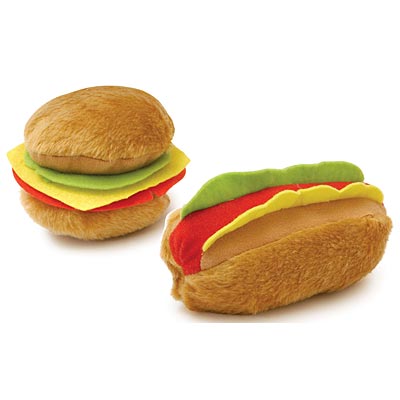 American Grill Time Plush Squeaker Dog Toys - Hamburger or Hot Dog