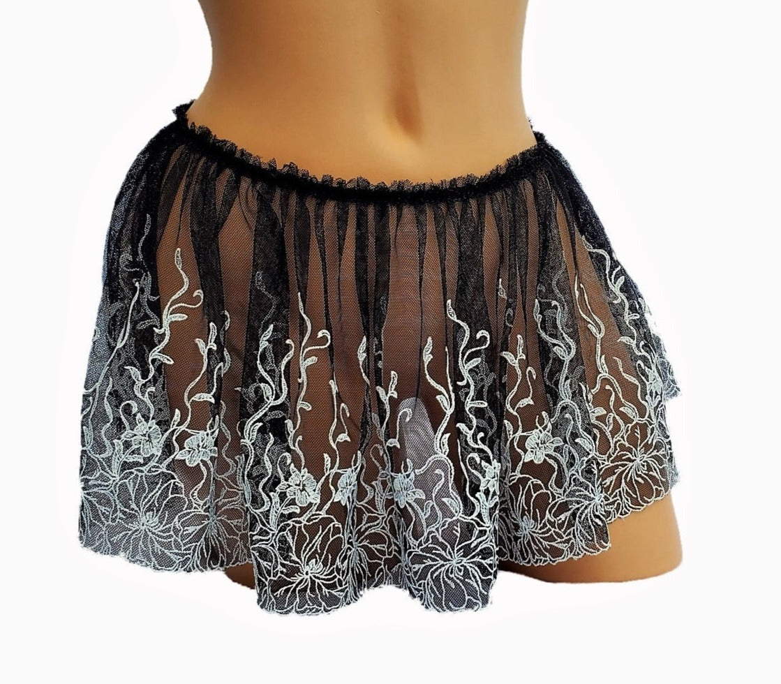Black and White Mesh See Through Lingerie Skirt Dainty Ruffle Lingerie